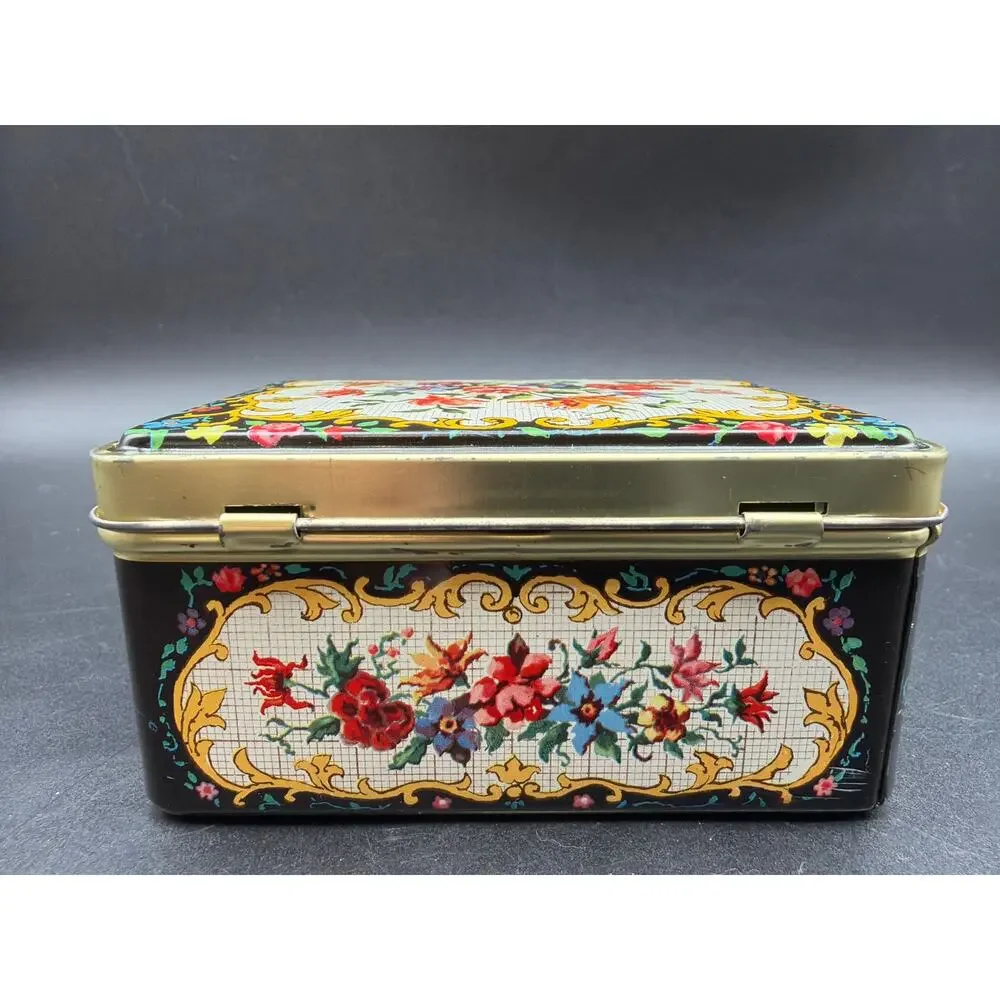 Vintage Daher Ware Floral Tin England Faux Needlepoint Tapestry Trinket Box 4x3
